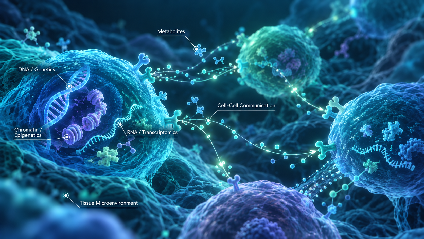 Annotated scientific illustration of genetics, chromatin, transcriptomics, metabolites, communicating cells and their tissue microenvironment